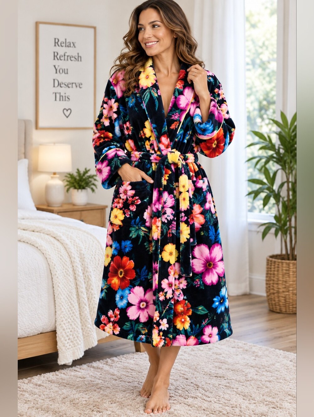 Rare Saint Lorenzo XL Plush Floral Robe Luxury Fleece Bathrobe Belted 46"